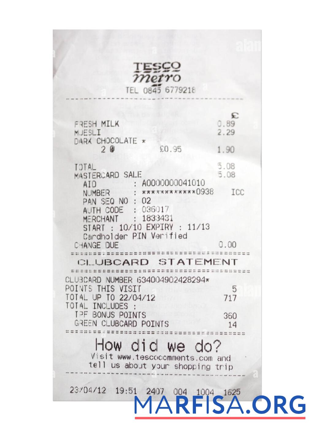 Realistic TESCO payment receipt example